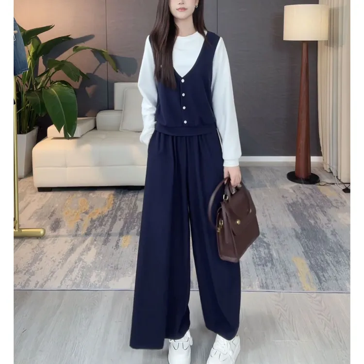 复古时尚假两件拼接撞色上衣2025秋季新款洋气休闲阔腿裤两件套潮