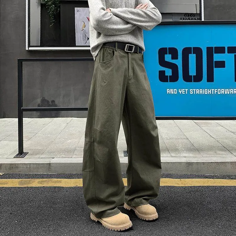 美式复古拼接褶皱休闲弯刀裤男春秋潮牌大码宽松直筒阔情侣腿裤子