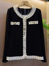 大码女装-7110花边长袖拼接开衫圆领女款上衣显瘦拼色时尚百搭