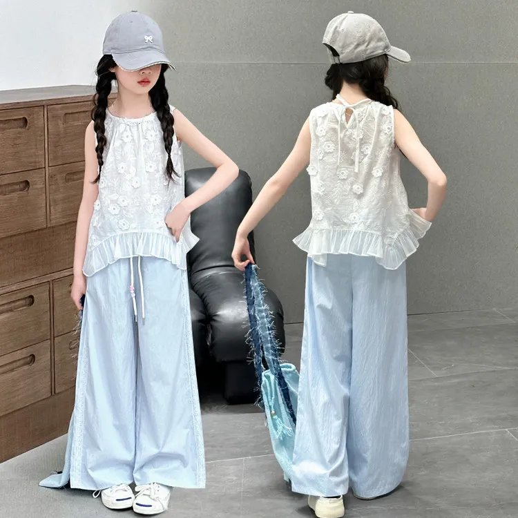 2025夏季新款女童时尚白色上衣蓝色裤子洋气百搭休闲高颜值两件套