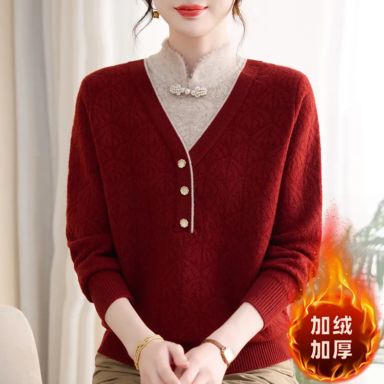 妈妈装秋冬一体绒旗袍领毛衣中年女士加绒加厚减龄假两件针织衫