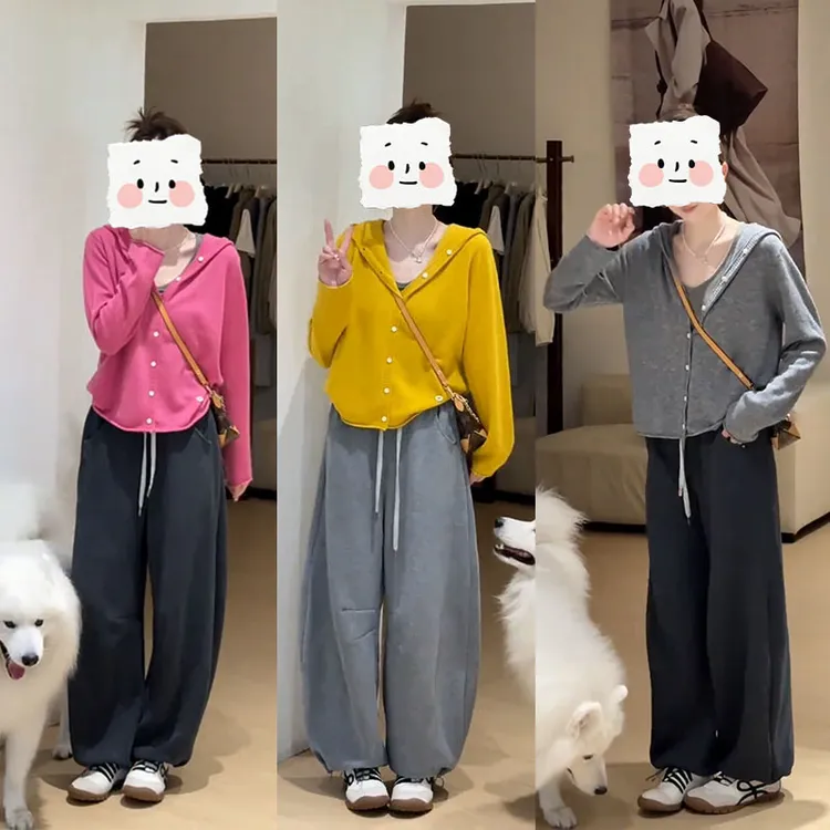 早秋韩系超好看纯色连帽设计感宽松针织上衣搭配休闲阔腿裤两件套