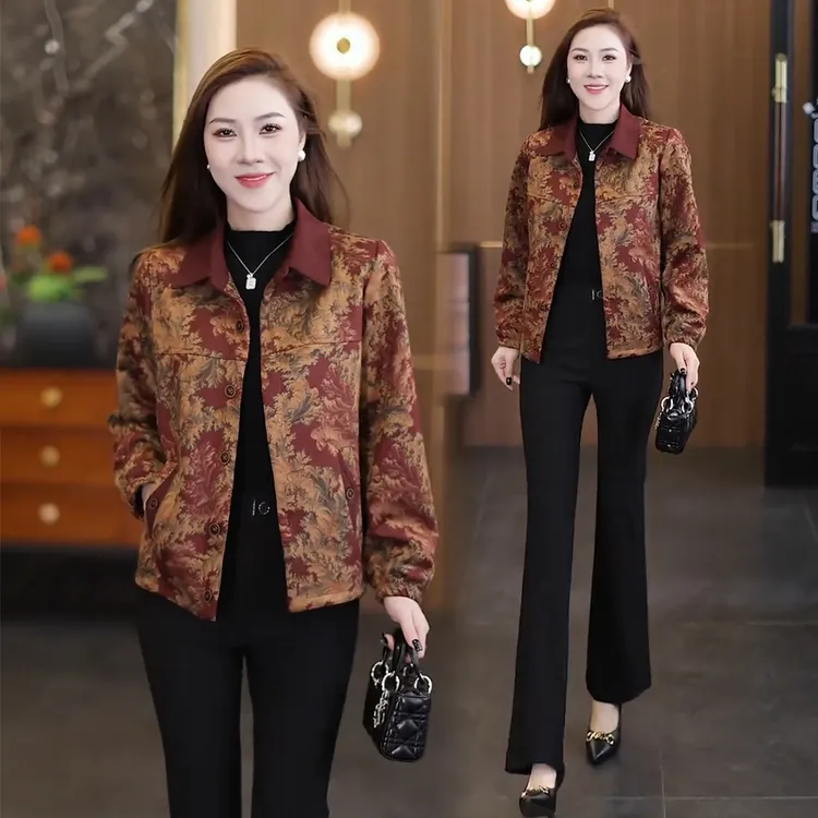 翻领印花短款外套女2025秋季新款洋气碎花百搭宽松显瘦夹克上衣潮
