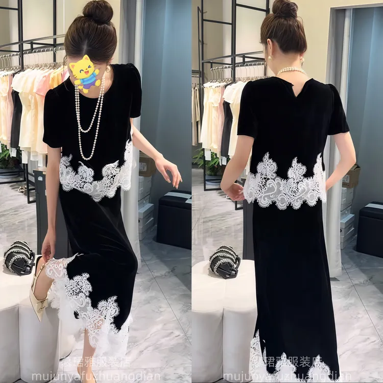 新中式夏季时尚高级感百搭半袖蕾丝拼接上衣半身裙丝绒两件套装女
