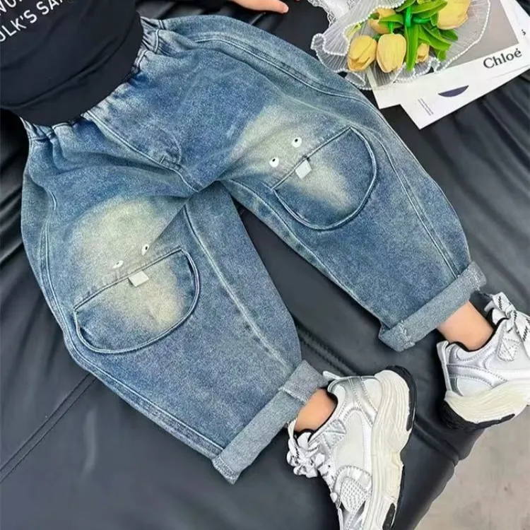 凹造型个性童趣拼接男童女童水洗牛仔裤2025春韩版儿童洋气萝卜裤