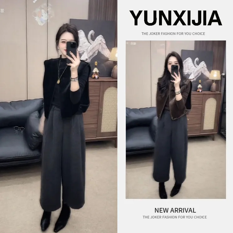 2025秋季新款时尚气质老钱风休闲轻熟风上衣马甲裤子三件套