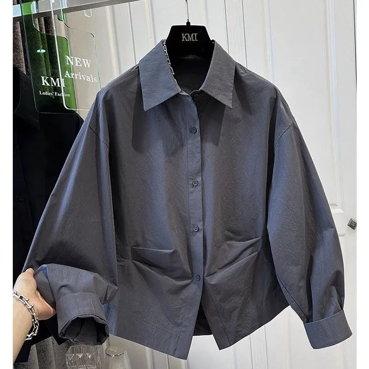 全额运补【褶皱收腰】秋季新款纯色翻领衬衫花苞袖收腰气质时尚