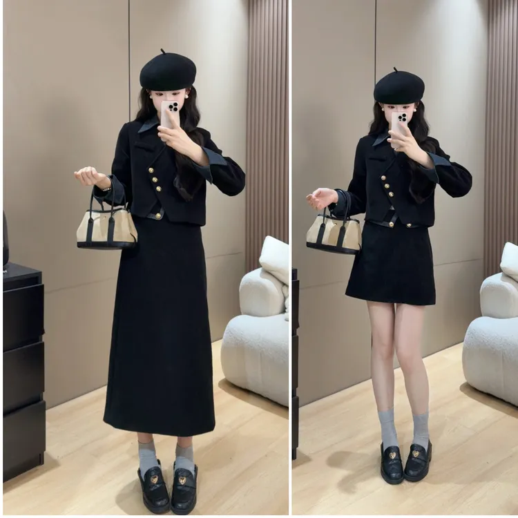 【现货夹棉加厚】秋冬显瘦不起球小个子小香风假两件套装小众炸街