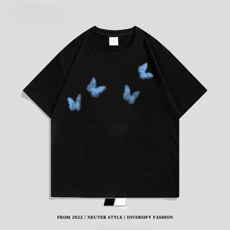 cleanfit黑色蝴蝶印花纯棉t恤男女夏季美式复古短袖潮牌宽松半袖