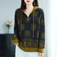 针织拉链帽衫女春秋2025年新款复古外套宽松大码妈妈连帽毛衣开衫