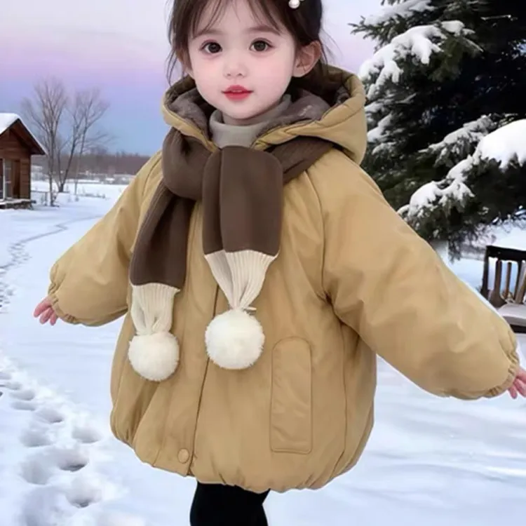 女童加绒加厚外套秋冬季新款女宝宝纯色韩版外套儿童洋气派克棉服