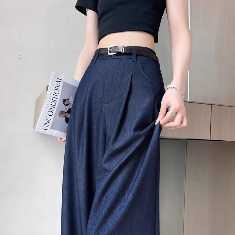 深蓝色天丝直筒软牛仔裤女2025夏季薄款宽松垂感高腰冰丝阔腿裤子