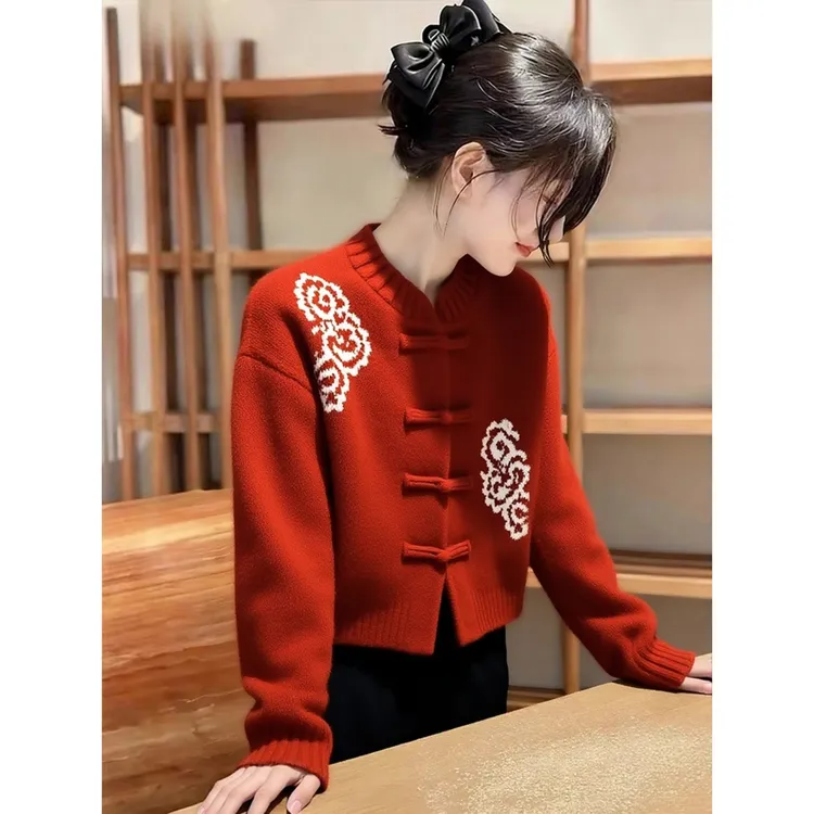 圣诞过年新中式红色毛衣女冬高级感独特漂亮绝美巨好看气质针织衫
