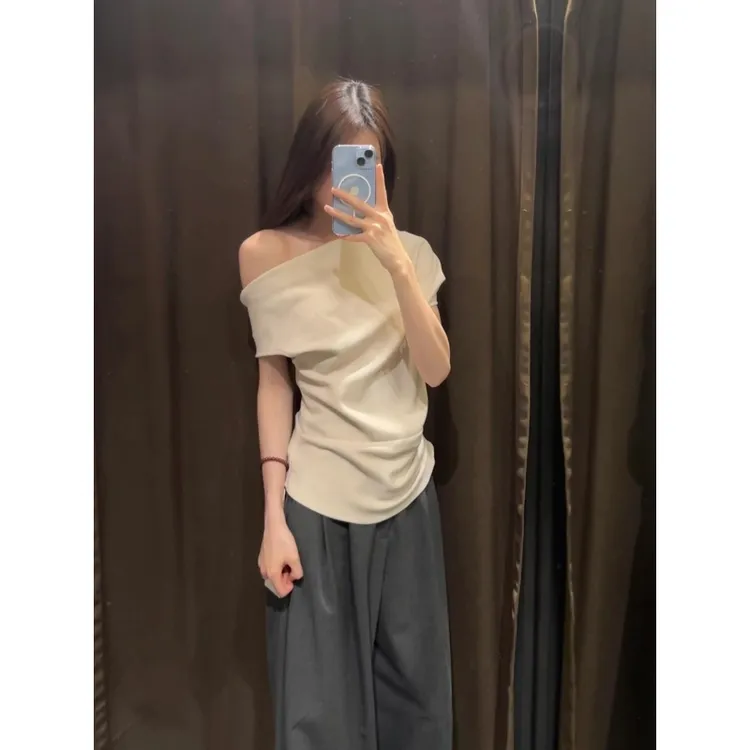 出游服装女韩系简约一字领短袖T恤女夏搭配高腰垂感地长裤两件套