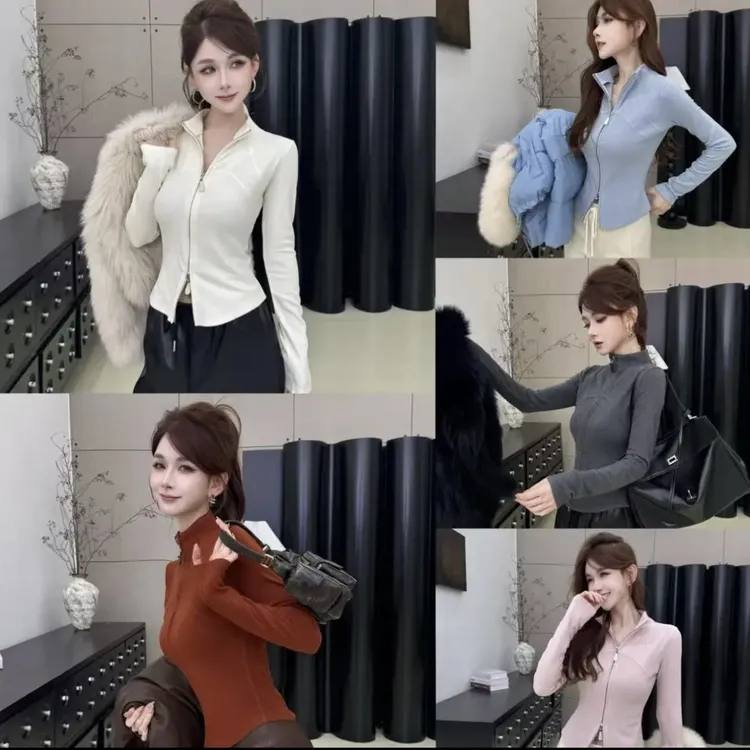 卡卡女装秋冬款双面膨体暖绒双拉链修身显瘦打底衫时尚立领上衣女