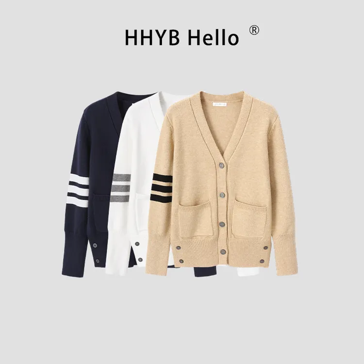 HHYB Hello撞色针织衫女上衣2025秋冬宽松口袋毛衣开衫外套M1415