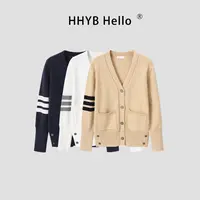 HHYB Hello撞色针织衫女上衣2025秋冬宽松口袋毛衣开衫外套M1415