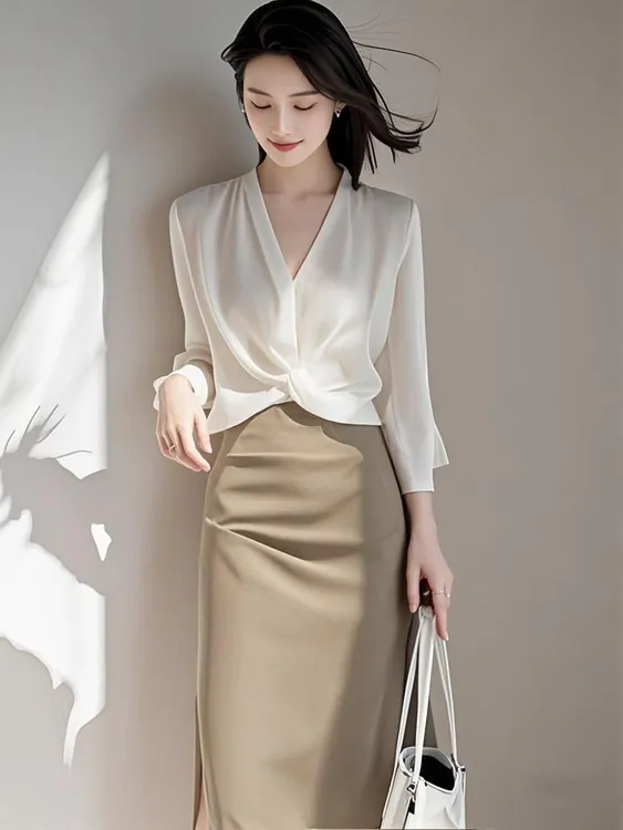 SS1013白色上衣宽松独特气质上衣设计感小众优雅洋气半裙两件套