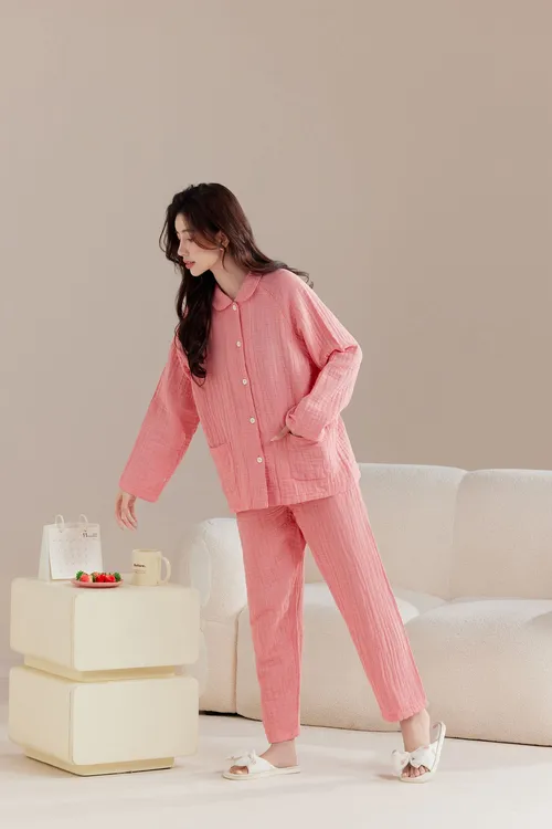 女款四层纱睡衣纯棉100%全棉家居服柔软亲肤秋冬长袖套装情侣款