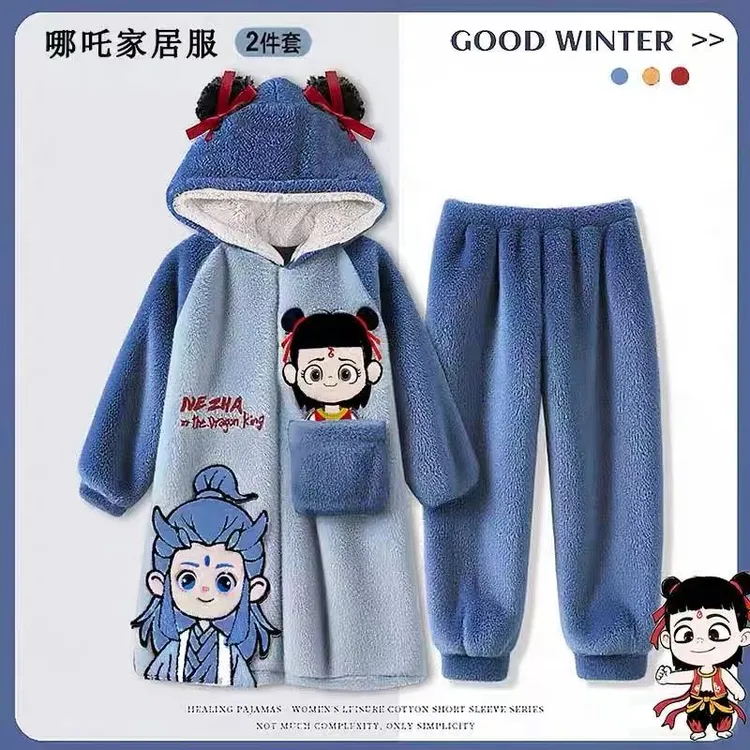 哪吒儿童睡衣男孩2026新款秋冬季加绒加厚珊瑚绒男童睡袍浴袍套装