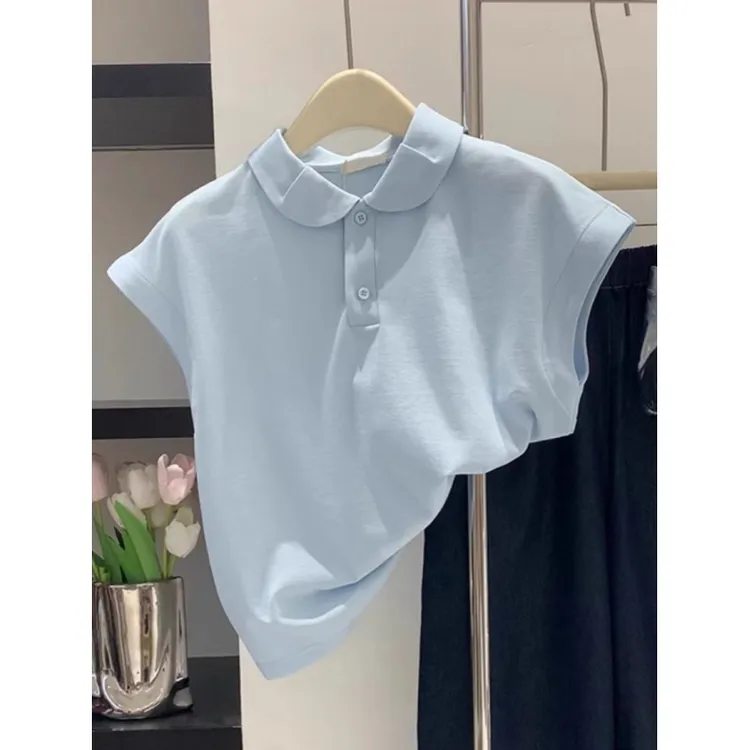 清仓法式奶蓝色短袖T恤女夏季气质独特别致体恤POLO衫显瘦小上衣