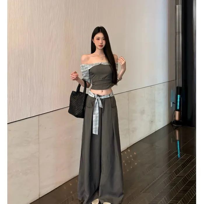 一字肩格纹拼接短袖修身T恤女夏季时尚套装腰带西装阔腿裤两件套