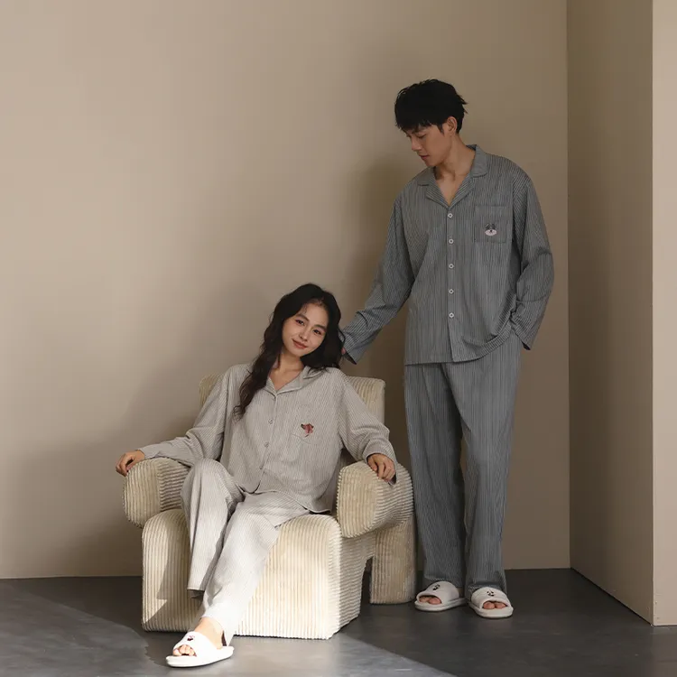 【美家臣】情侣睡衣男女春秋季针织棉长袖长裤开衫条纹家居服套装