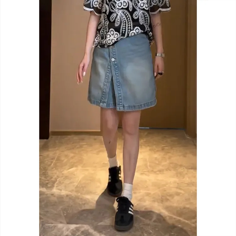 艾塔莉A字裤裙显瘦牛仔裤裙女夏季新款胖mm大码阔腿裤假两件潮流