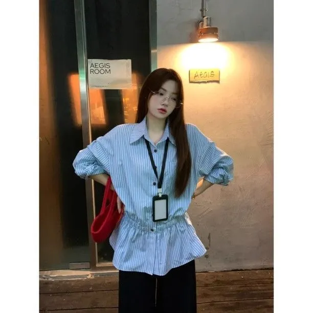2025新款蓝色条纹衬衫连衣裙子女夏韩系高级感小个子收腰显瘦衬衣