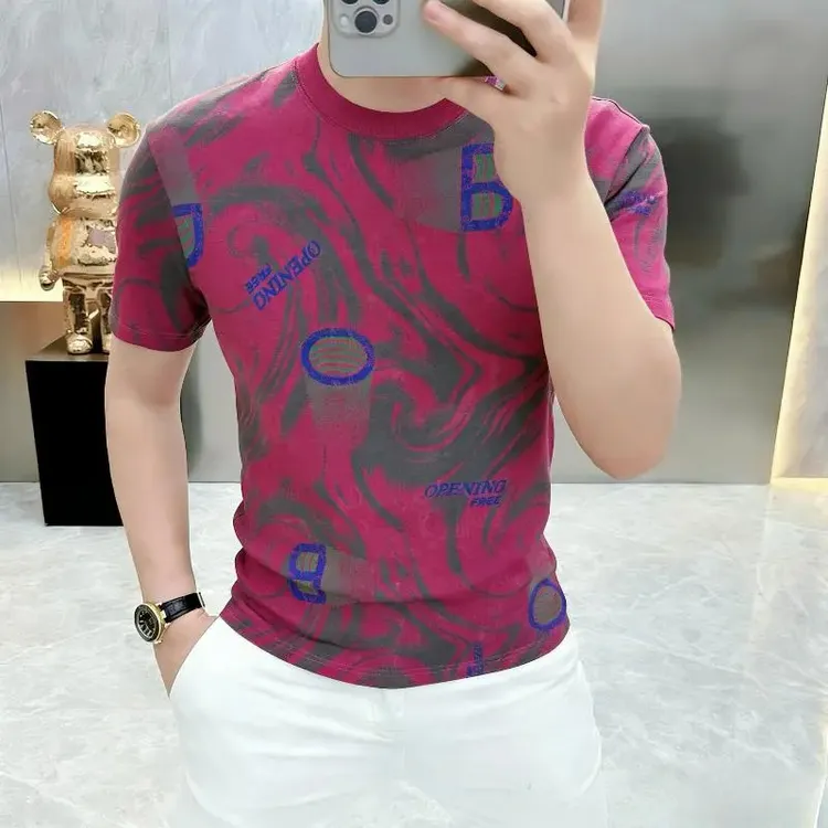 高档夏季欧货印花圆领短袖T恤男士时尚帅气半袖体恤轻奢男装商品图