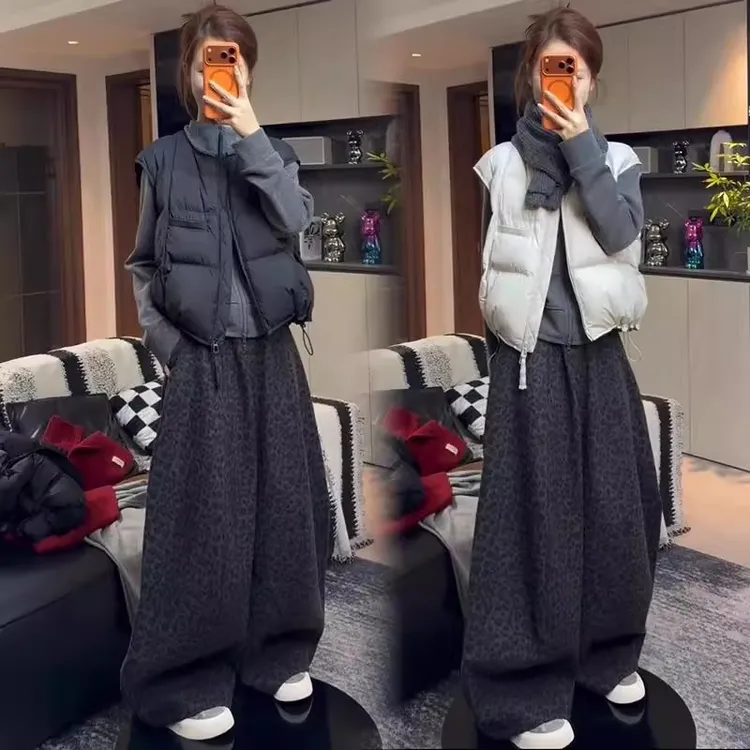 时尚套装女冬2025新款洋气显瘦加绒卫衣棉服外套豹纹阔腿裤三件套
