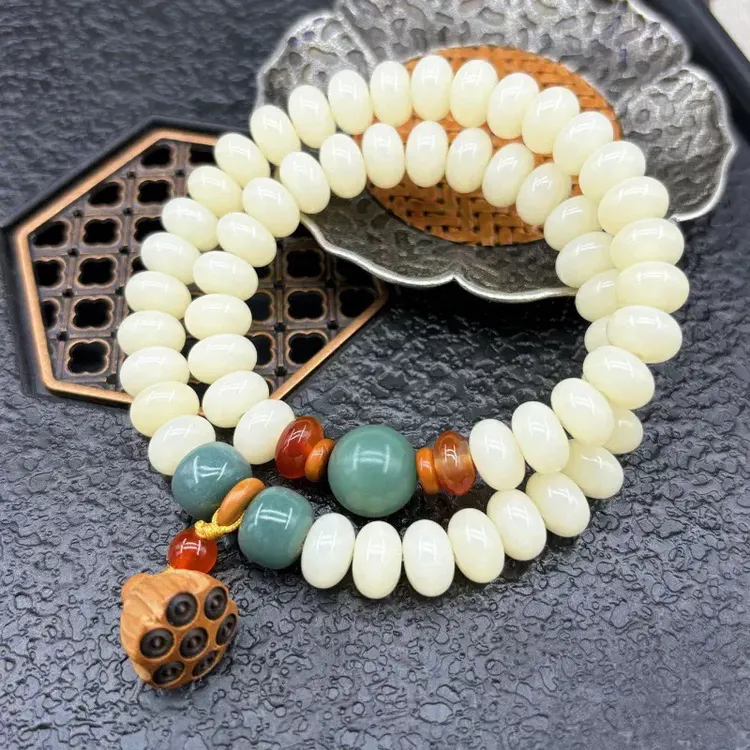 白玉菩提莲花双圈佛珠手串（赠品：盘玩袋；鉴定珠‘弹力绳.）