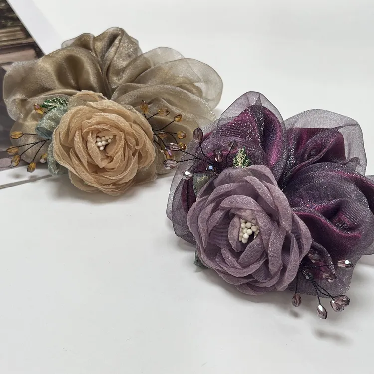 网红新款欧根纱大肠圈紫色温柔气质花朵头花高级丸子盘发头绳发绳