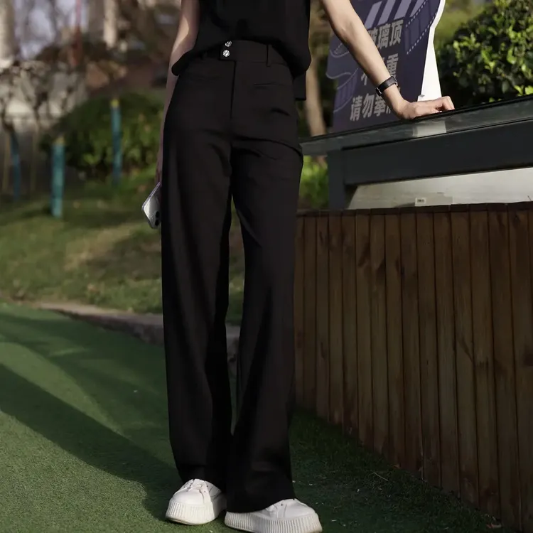 GIRDEAR/哥弟新款舒适 春秋通勤高腰宽黑色高腰宽松直筒长裤