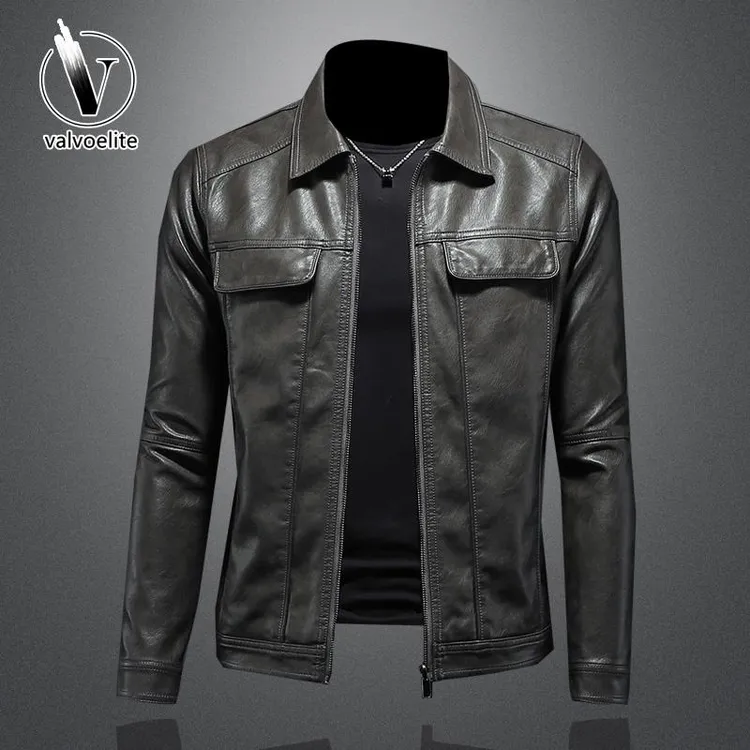 VALVOELITE欧美翻领皮衣男机车帅气春季新款派克服青年修身皮夹克