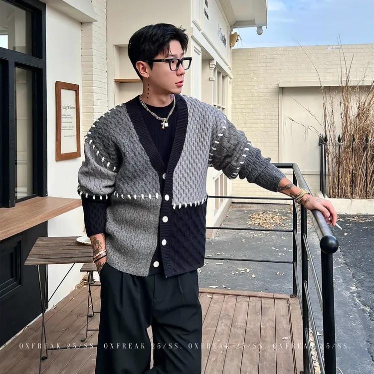 OXFREAK「多色编织拼接」老钱风绞花开衫毛衣男设计感加厚针织衫