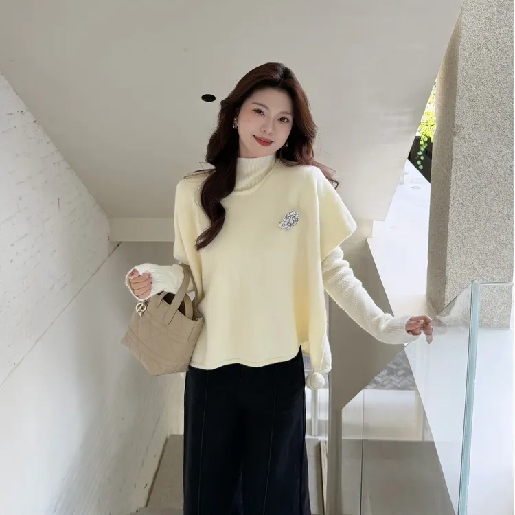 韩版简约风高领打底针织衫高级感宽松毛衣花朵两件套上衣G9-85