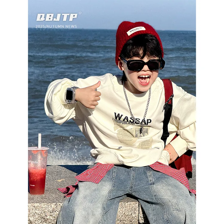 Q宝家童品8月新款 男童时尚卫衣儿童秋款韩系长袖T恤中大童上衣潮