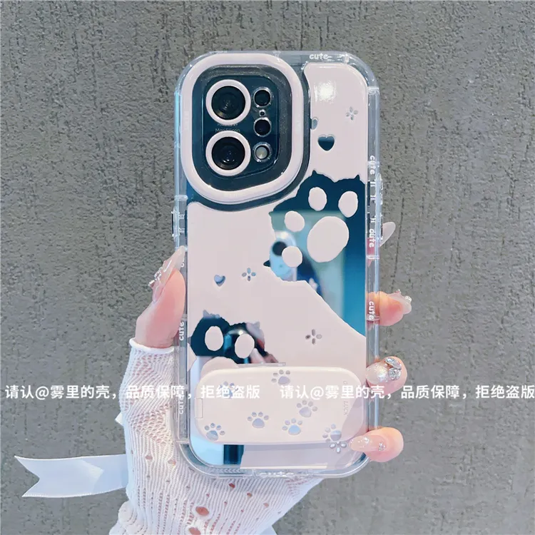 爱心猫爪镜面泡芙壳适用苹果16华为vivo小米OPPO手机壳新款潮流