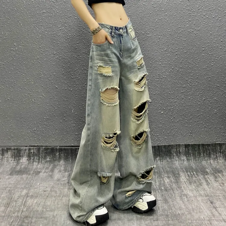 个性破洞做旧休闲牛仔裤女夏新款高腰宽松显瘦百搭直筒阔腿拖地裤