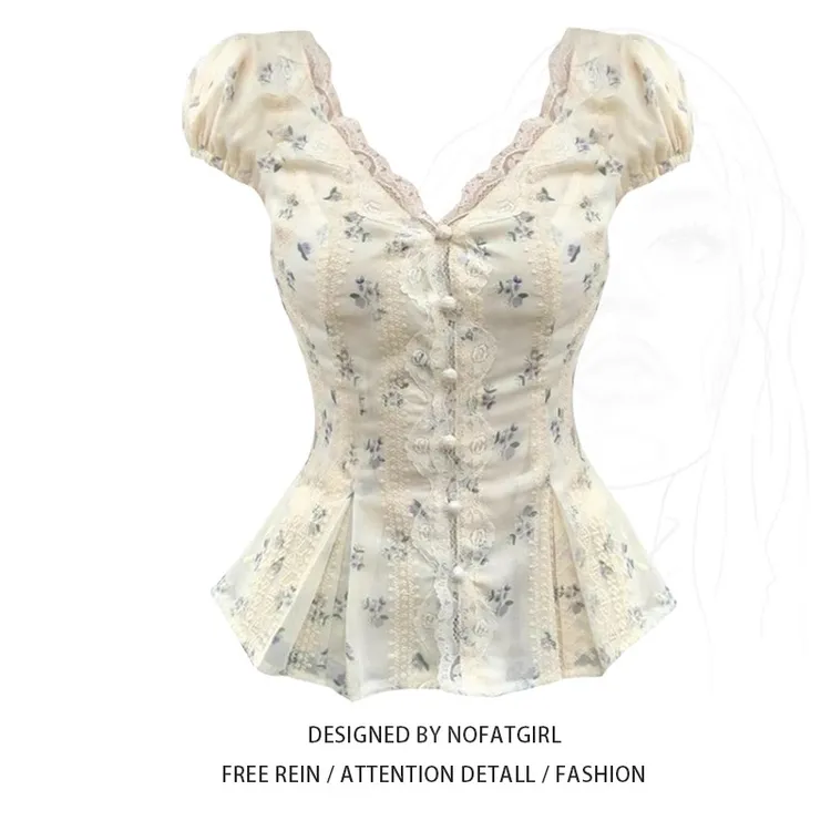 大码胖MM法式气质高级感V领蕾丝花边收腰衬衫女独特漂亮绝美上衣