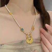 铜合金仿珍珠项链 新中式国风锦鲤平安如意锁吊坠项链串珠锁骨链