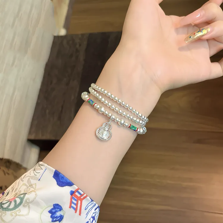 足银手链 足银999古法珐琅彩叠戴三圈串珠葫芦手链国风百搭项链女