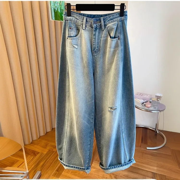 韩国东大门破洞弯刀阔腿牛仔裤女春秋2025新款宽松高腰显瘦镰刀裤