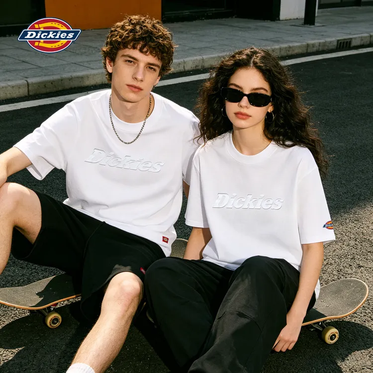 Dickies320g高克重纯棉凹凸钢印字母Logo情侣圆领短袖T恤男女同款