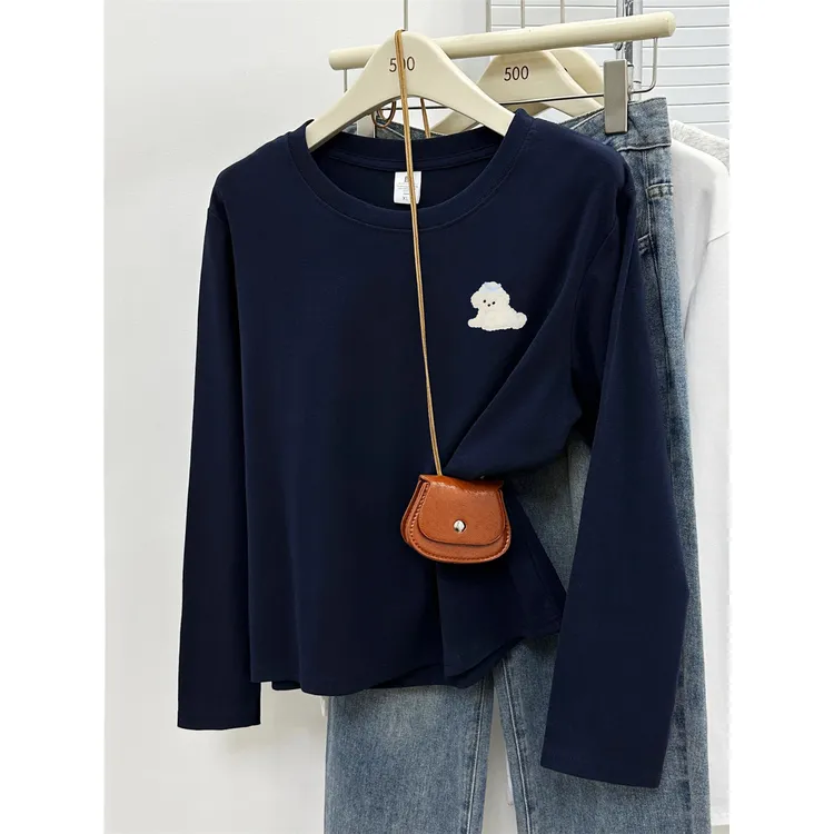 大码女装长袖T恤正肩秋装新款韩版洋气印花ins圆领打底衫上衣服