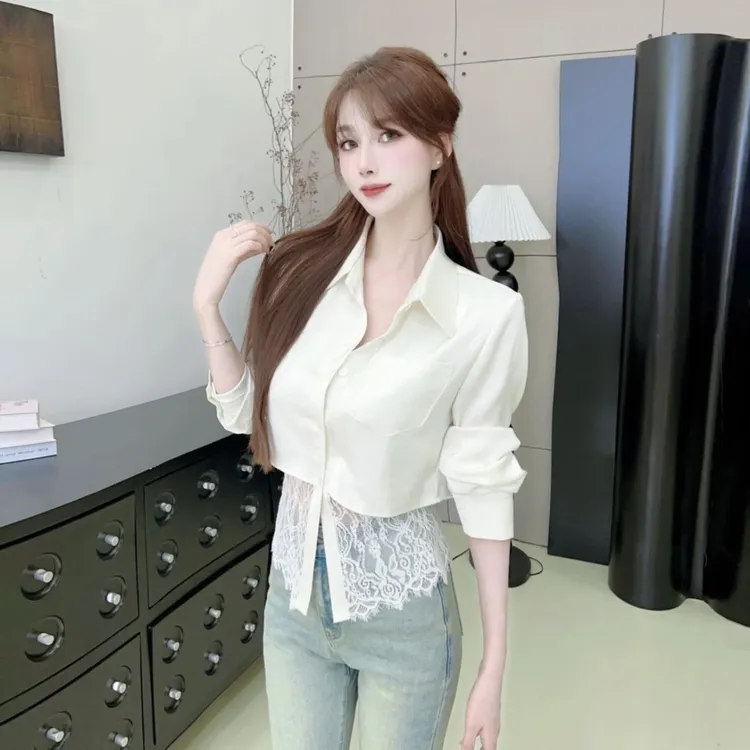 法式蕾丝拼接白色长袖衬衫女2025收腰设计感小众绑带别致气质上衣