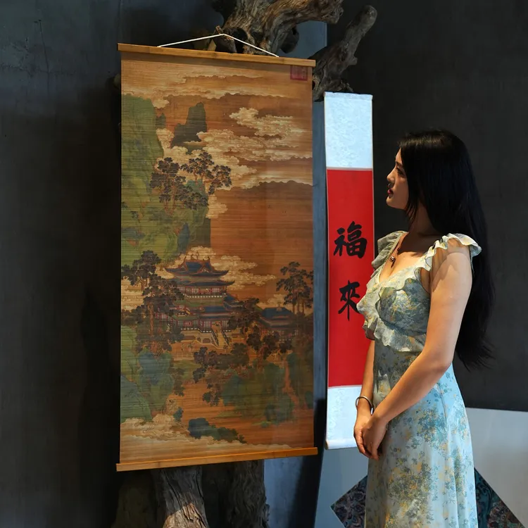 【蓬莱仙境】双面细竹丝画中式客厅书房复古卷轴挂画茶室过道装饰画
