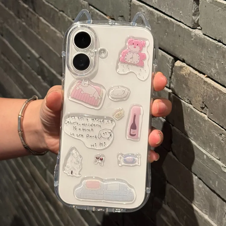  猫耳朵贴纸手机壳适用iPhone17软壳15pro全包立体耳朵diy透明壳