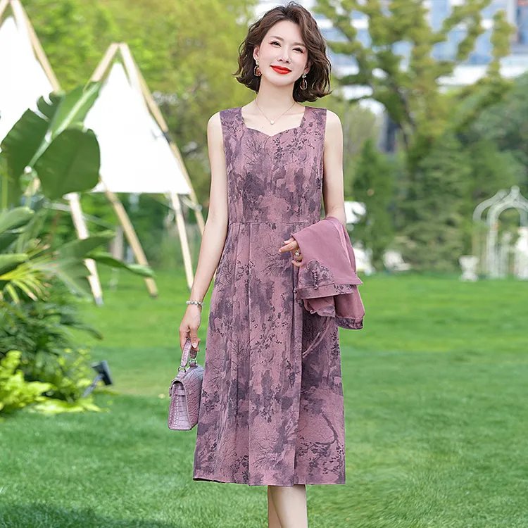 宽松型时尚套裙常规中老年女装中长款夏季无袖女装妈妈装显瘦